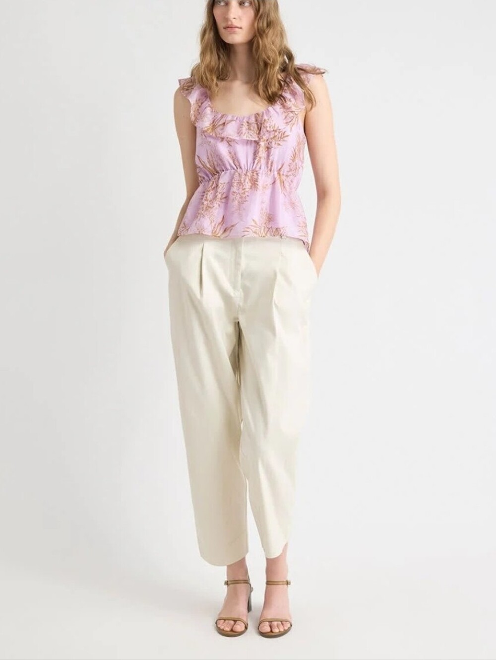 Sleeveless Scoop Neck Empire-Cut Blouse with Ruffles - S